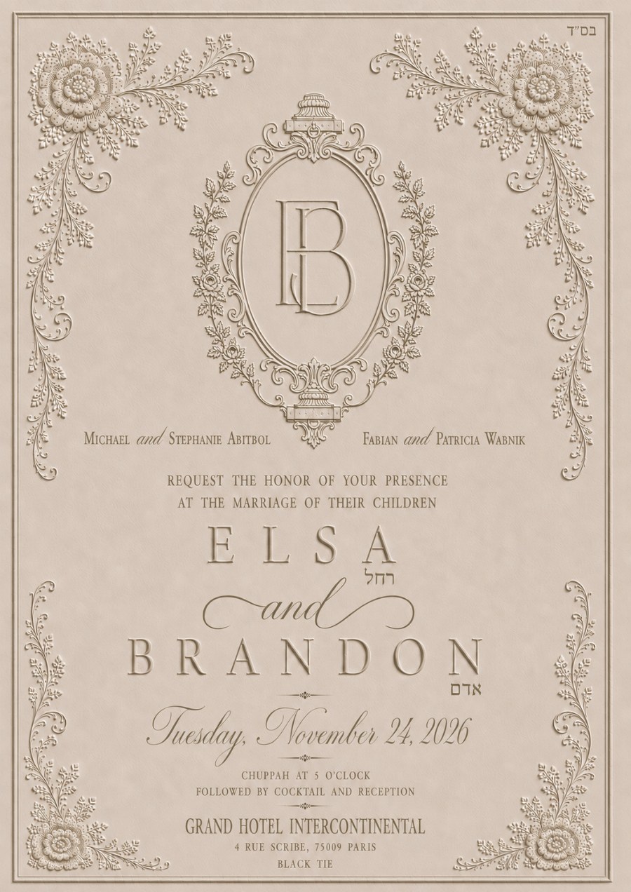 Elsa & Brandon &mdash; wedding invitation. Tuesday 24 November 2026, chuppah at 5 o&rsquo;clock, Grand Hotel InterContinental, 4 rue Scribe, 75009 Paris. Black tie.